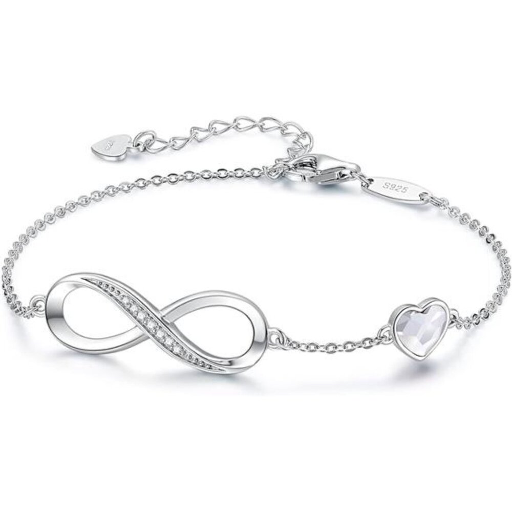 Womens Sterling Silver Infinity Heart Bracelet Adjustable Crystal Charm Gift Jew